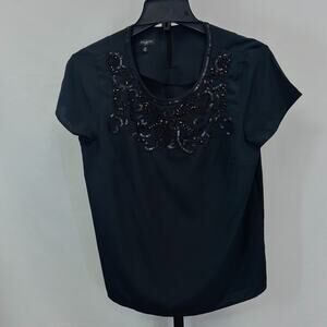 Talbots Black Sequin Trim Women Size 8 Petite Short Sleeve Top T Shirt